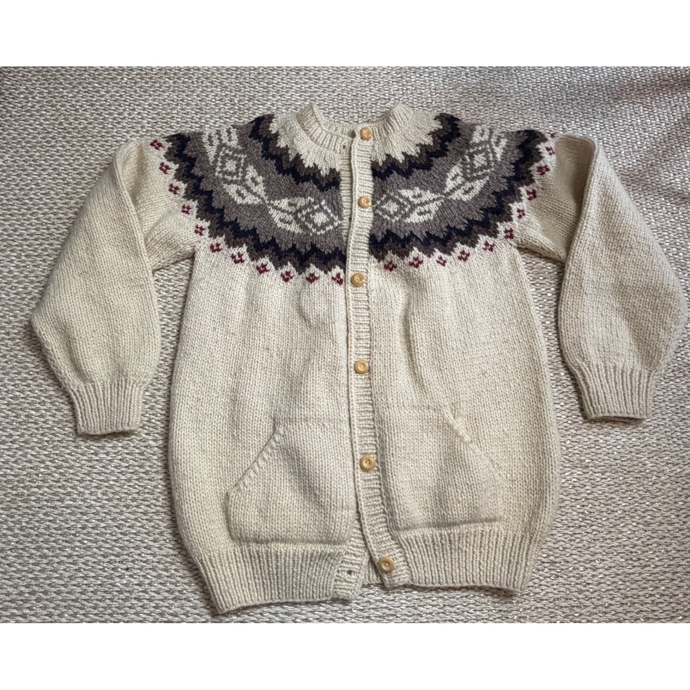 Vintage 100% Virgin Wool Hand Knit Fair Isle Cardigan Sweater coastal boho 90's